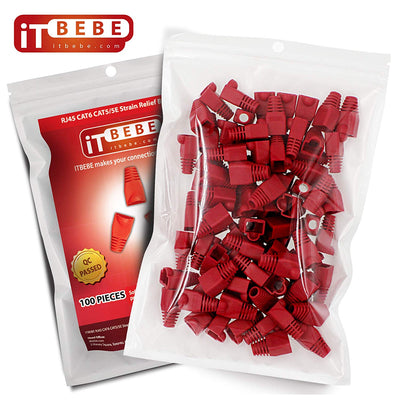 RJ45 Strain Relief Boot 100-Count Set for Cat5 Cat5e, Cat6 Connectors (Red)