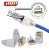 Gold plated RJ45 Cat6a pass through connectors and white strain relief boots for 23 AWG cables