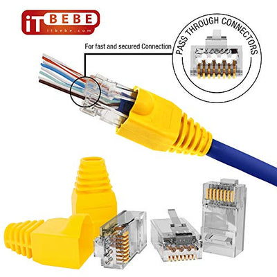 Gold plated RJ45 Cat6a pass through connectors and yellow strain relief boots for 23 AWG cables