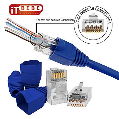 Gold plated RJ45 Cat6a pass through connectors and blue strain relief boots for 23 AWG cables