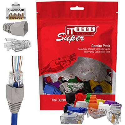 Gold plated RJ45 Cat6a pass through connectors and multi colour strain relief boots for 23 AWG cables
