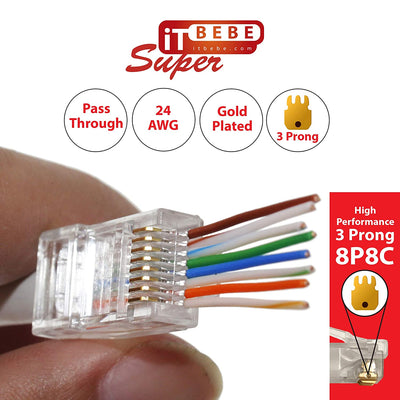 ITBEBE 100 Pieces Gold Plated Transparent RJ45 Cat6 Pass Through Connectors - for 24 AWG Cables