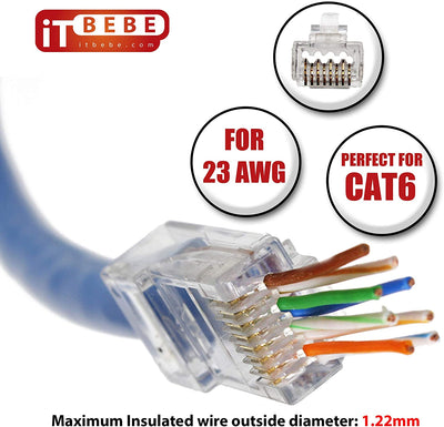 100 pieces gold plated RJ45 Cat6 pass through connectors and 100 pieces white strain relief boots for 23 AWG cables