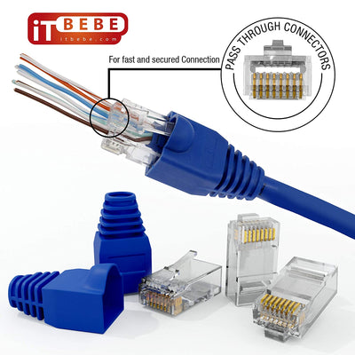 RJ45 Cat5e pass-through connectors with Blue strain relief boots for 24 AWG cables