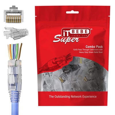 Cat5e pass-through connectors with Clear strain relief boots for 24 AWG cables