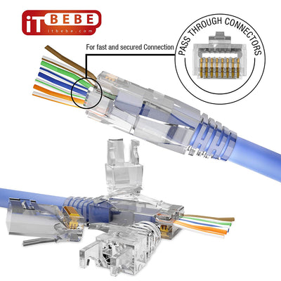 Cat5e pass-through connectors with Clear strain relief boots for 24 AWG cables