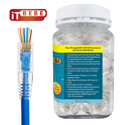 ITBEBE Gold-Plated Pass Through RJ45 Cat5/5e Connectors and Cable Strain Relief 50/50 Kit