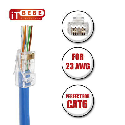 ITBEBE 100 Pieces Gold Plated Pass Through RJ45 CAT6 Bold Connector for 23 AWG cables