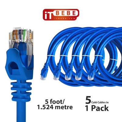 ITBEBE Cat6 Ethernet Cable Snagless RJ45 Network Patch Cables Pre-Terminated with 3 Micron Gold-Plated Contacts and Strain Relief for Crystal Clear High-Speed Data Transfers (5-Feet, 10-Pack)