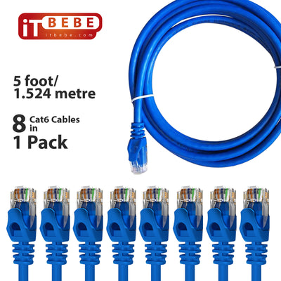 ITBEBE Cat6 Ethernet Cable Snagless RJ45 Network Patch Cables Pre-Terminated with 3 Micron Gold-Plated Contacts and Strain Relief for Crystal Clear High-Speed Data Transfers (5-Feet, 8-Pack)
