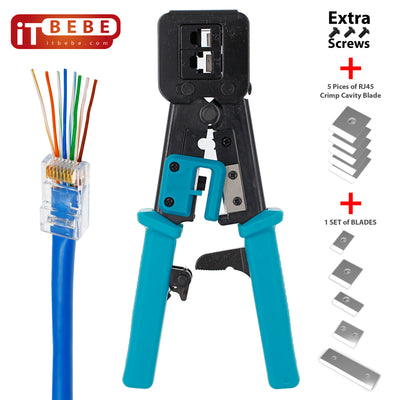 Premium quality passthrough RJ45 Crimping Tool with extra 10 blades and 3 screws